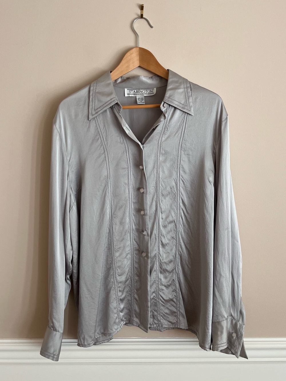 VTG STARINGTON 100% Silk Silver Blouse size 16